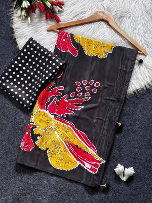 Semi Model Silk Ultra Soft With Flower Print With  Real Mirror work Women's saree With blouse Set 3