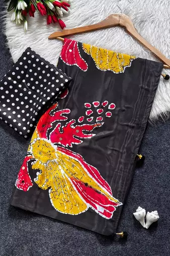 Semi Model Silk Ultra Soft With Flower Print With  Real Mirror work Women's saree With blouse Set