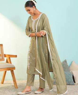 Women's Beautiful Thread Work Pure Cotton Fabric Straight Kurta Pant and Dupatta Set 3