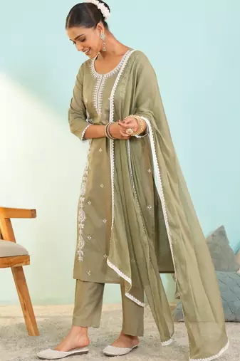 Women's Beautiful Thread Work Pure Cotton Fabric Straight Kurta Pant and Dupatta Set