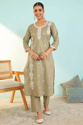 Women's Beautiful Thread Work Pure Cotton Fabric Straight Kurta Pant and Dupatta Set
