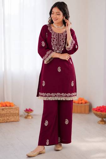 Maroon reyon thread work kurti with  pant