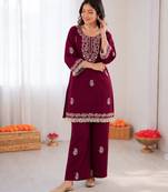 Maroon reyon thread work kurti with  pant