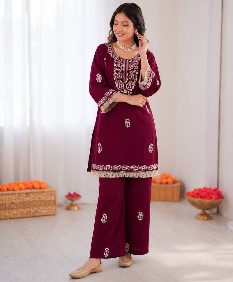 Maroon reyon thread work kurti with  pant