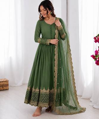Olive green georgette embroidered with sequin anarkali suit 1