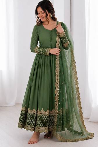 Olive green georgette embroidered with sequin anarkali suit