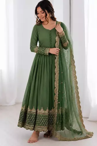 Olive green georgette embroidered with sequin anarkali suit