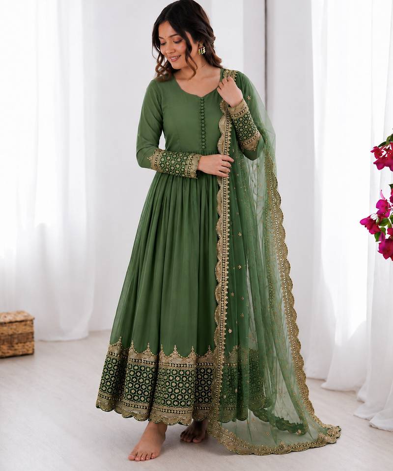 Olive green georgette embroidered with sequin anarkali suit