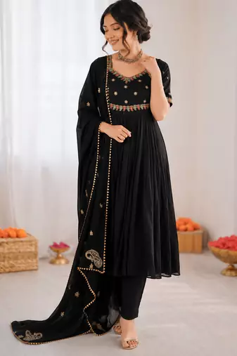 Black vichitra silk thread with sequin anarkali suit
