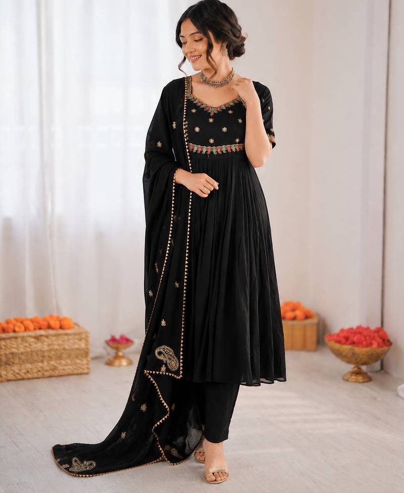 Black vichitra silk thread with sequin anarkali suit