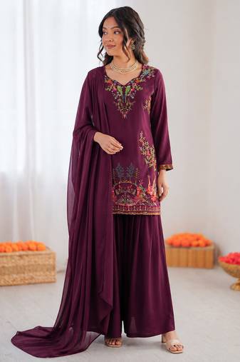 Purple reyon thread work farshi palazzo suit