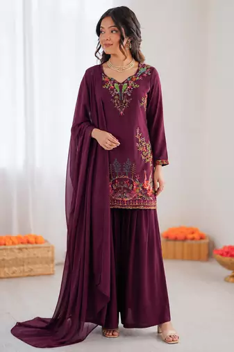 Purple reyon thread work farshi palazzo suit