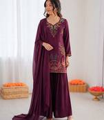 Purple reyon thread work farshi palazzo suit