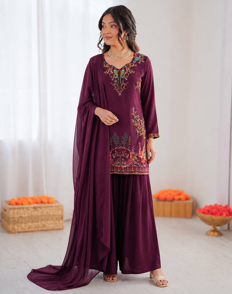 Purple reyon thread work farshi palazzo suit