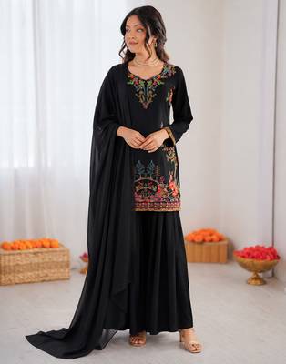 Black reyon thread work farshi palazzo suit 1