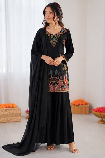 Black reyon thread work farshi palazzo suit