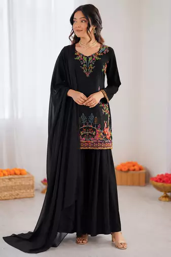 Black reyon thread work farshi palazzo suit
