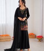Black reyon thread work farshi palazzo suit