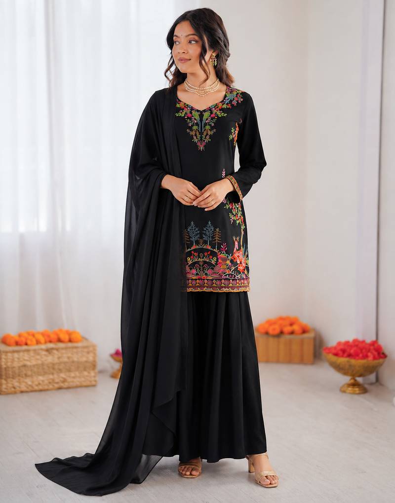 Black reyon thread work farshi palazzo suit