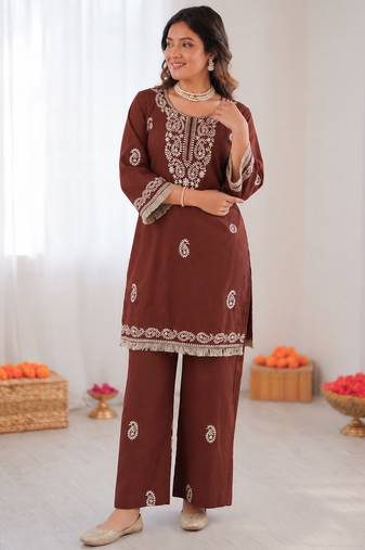 Brown reyon thread work kurti with  pant