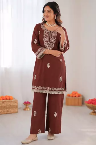 Brown reyon thread work kurti with  pant