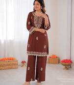 Brown reyon thread work kurti with  pant