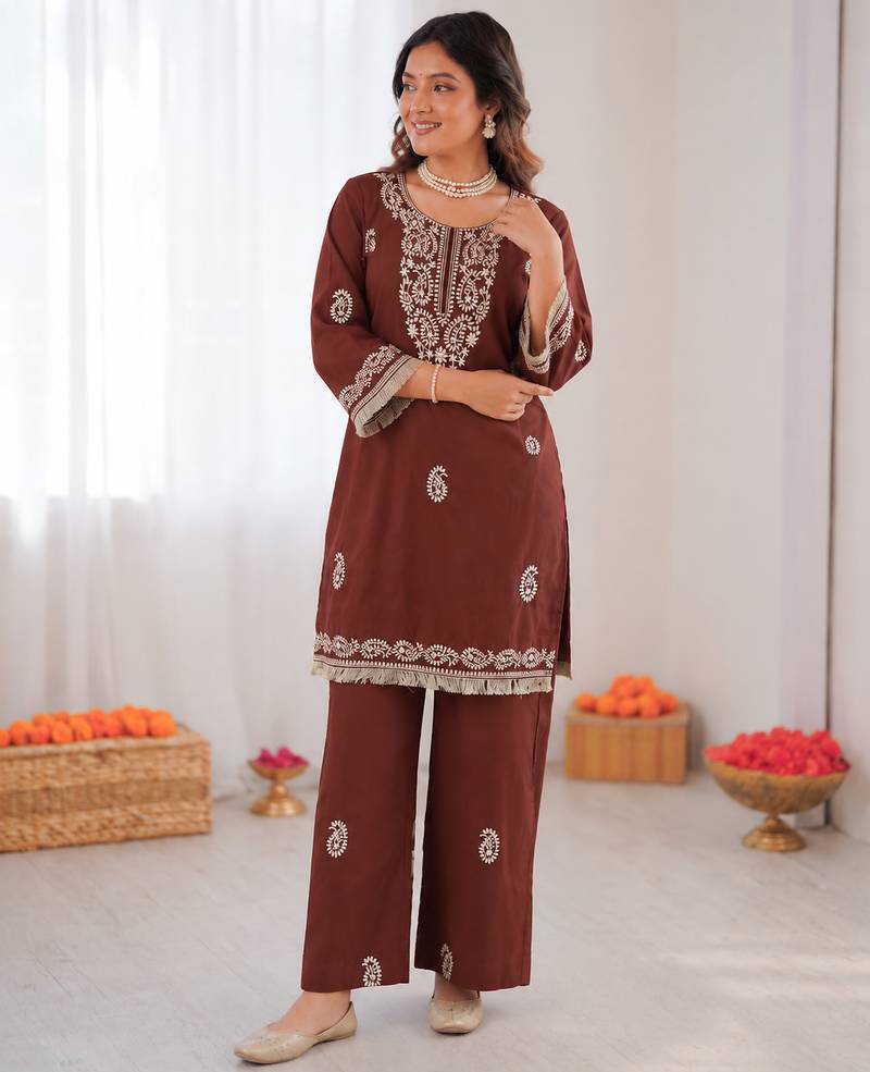 Brown reyon thread work kurti with  pant