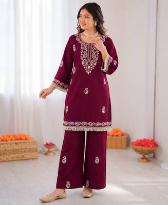 Maroon reyon thread work kurti with  pant 2