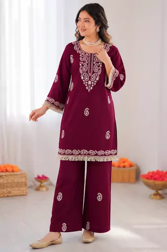 Maroon reyon thread work kurti with  pant