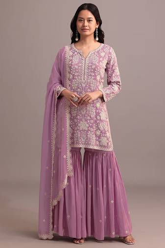 Pink color embroideried faux georgette semi stitched salwar suit