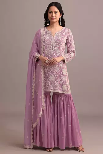 Pink color embroideried faux georgette semi stitched salwar suit