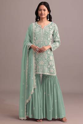 Pista color embroideried faux georgette semi stitched salwar suit 1