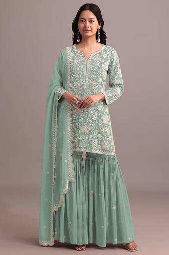 Pista color embroideried faux georgette semi stitched salwar suit