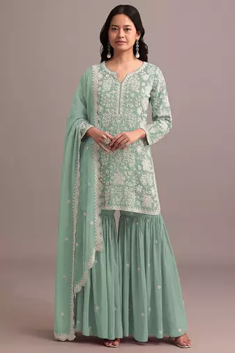 Pista color embroideried faux georgette semi stitched salwar suit