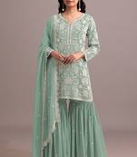 Pista color embroideried faux georgette semi stitched salwar suit