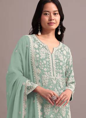 Pista color embroideried faux georgette semi stitched salwar suit 2