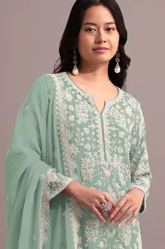 Pista color embroideried faux georgette semi stitched salwar suit