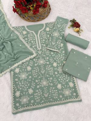 Pista color embroideried faux georgette semi stitched salwar suit 3