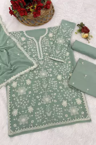 Pista color embroideried faux georgette semi stitched salwar suit