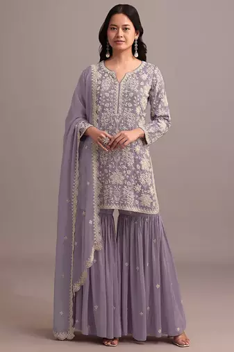 Lavender color embroideried faux georgette semi stitched salwar suit