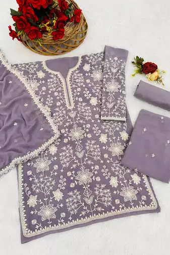 Lavender color embroideried faux georgette semi stitched salwar suit