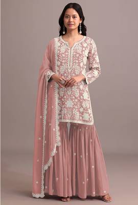 Peach color embroideried faux georgette semi stitched salwar suit 1