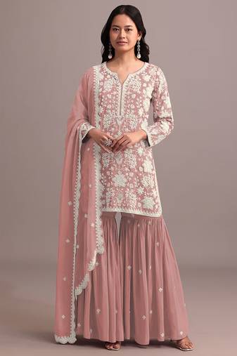 Peach color embroideried faux georgette semi stitched salwar suit