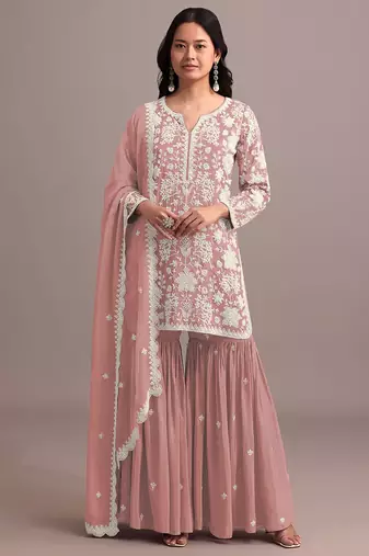 Peach color embroideried faux georgette semi stitched salwar suit