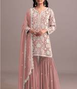 Peach color embroideried faux georgette semi stitched salwar suit