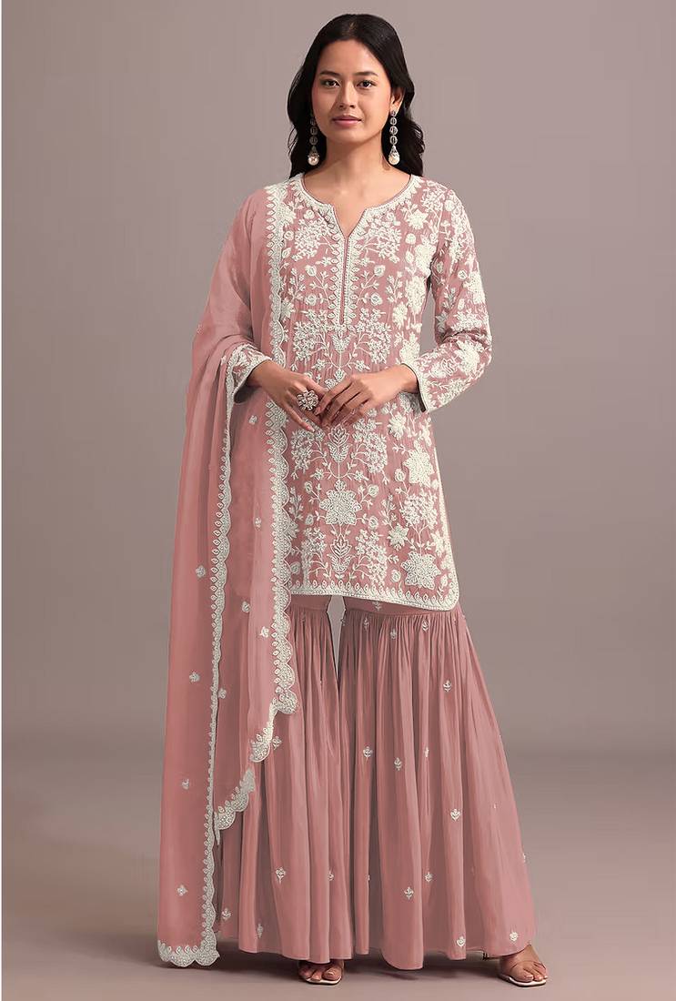 Peach color embroideried faux georgette semi stitched salwar suit