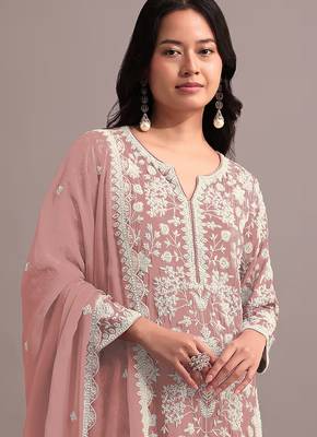 Peach color embroideried faux georgette semi stitched salwar suit 2