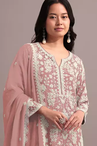 Peach color embroideried faux georgette semi stitched salwar suit