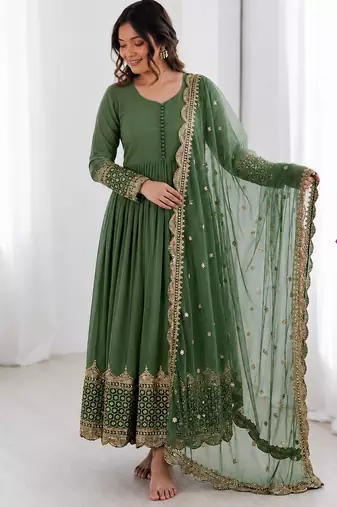 Olive green georgette embroidered with sequin anarkali suit
