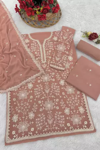 Peach color embroideried faux georgette semi stitched salwar suit